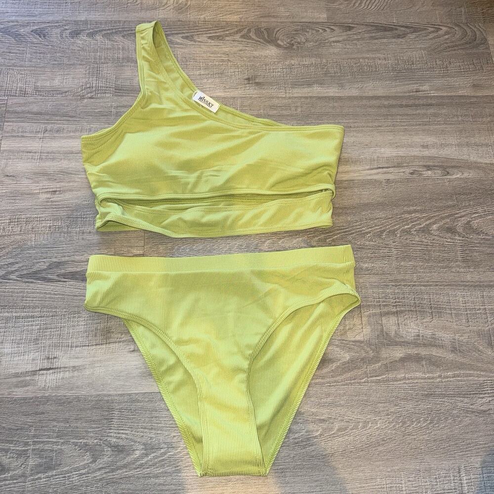 Missky Women’s Large Lime Green Ribbed One Shoulder Bikini Set High Waist NWT
